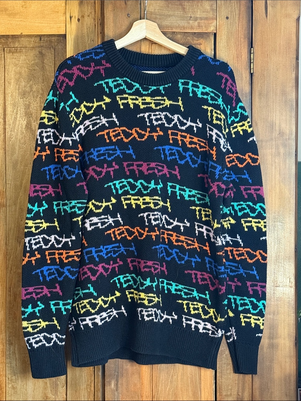 Teddy Fresh Black Crewneck Sweater with Multicolor Script